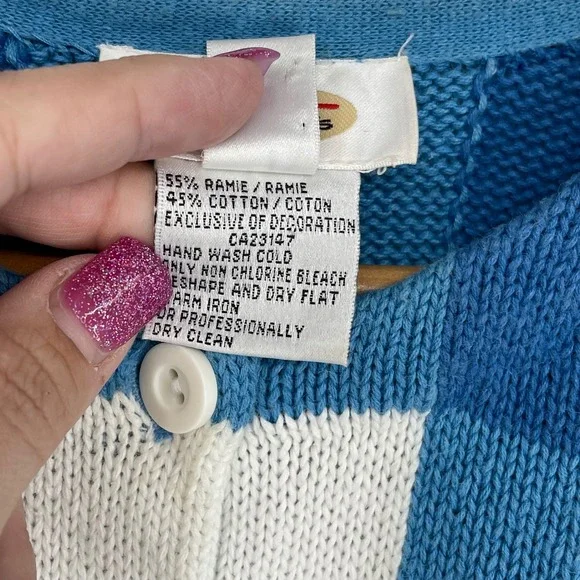 Vintage Talbots Beaded Palm Tree Cardigan Sweater Blue White Gingham Size L